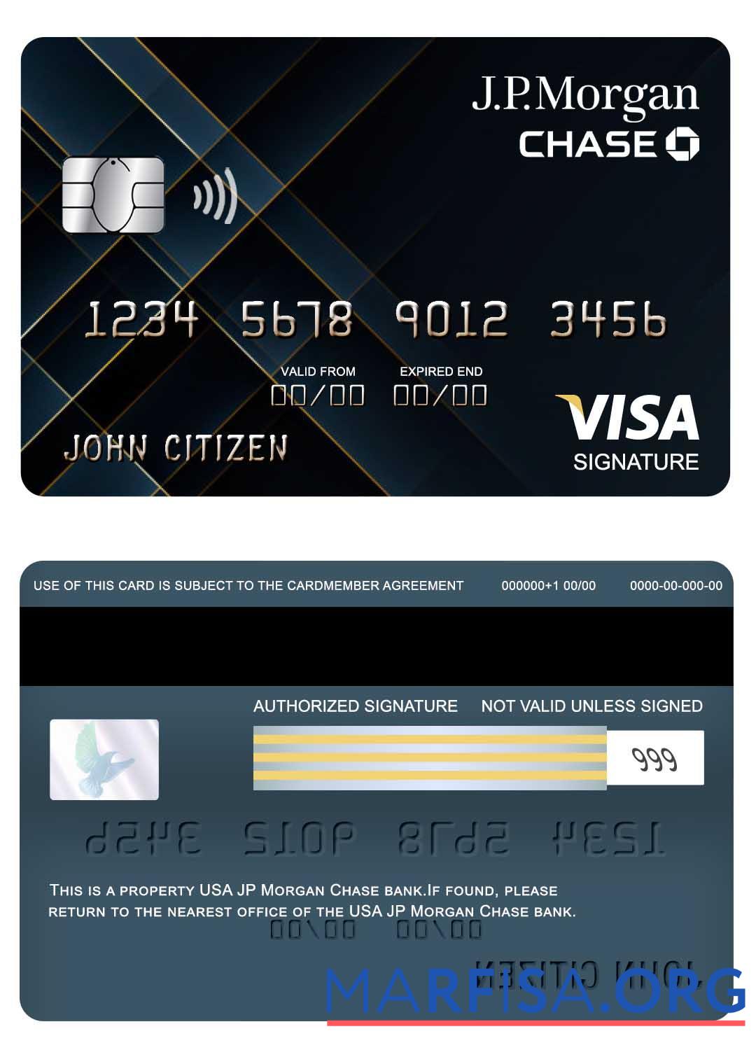Downloadable USA JP Morgan Chase bank visa signature card sample